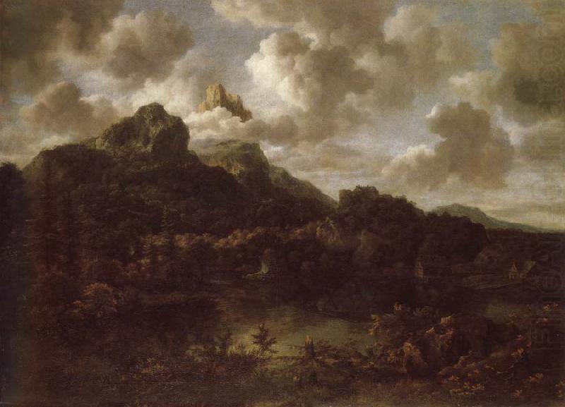 Mountainous and wooded landscape with a river, Jacob van Ruisdael